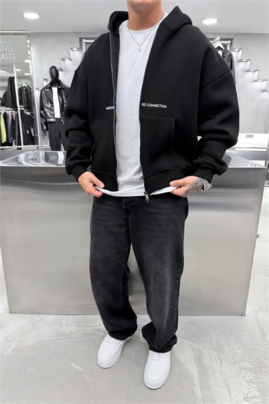 Siyah Worldwide Baskılı Tam Fermuarlı Oversize Sweatshirt