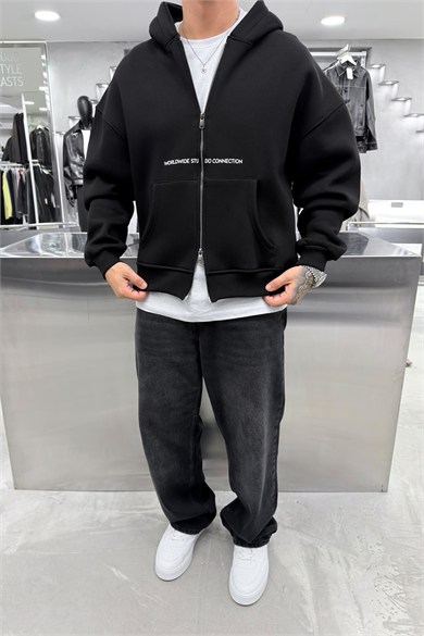 Siyah Worldwide Baskılı Tam Fermuarlı Oversize Sweatshirt