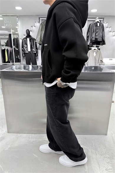 Siyah Worldwide Baskılı Tam Fermuarlı Oversize Sweatshirt