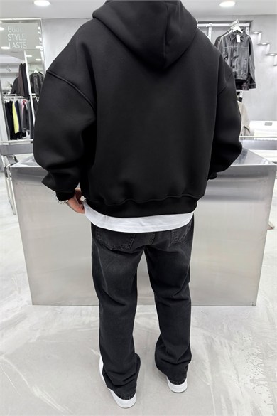 Siyah Worldwide Baskılı Tam Fermuarlı Oversize Sweatshirt