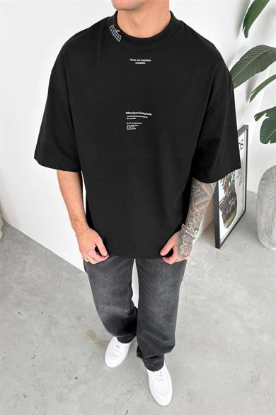 Siyah Yaka Baskı Detay Premium Oversize Tişört