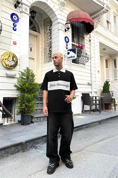 Siyah Yale University PM Oversize Polo Yaka Tişört