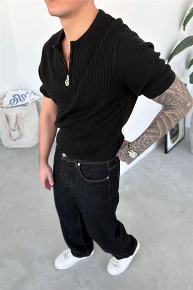 Siyah Yarım Fermuarlı Premium Triko Tişört