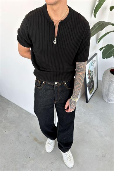 Siyah Yarım Fermuarlı Premium Triko Tişört