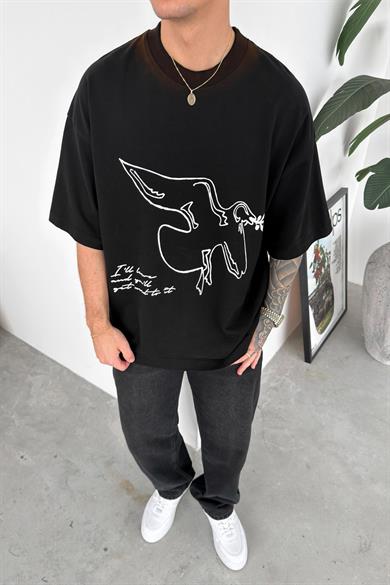 Siyah Yıkamalı Baskılı Premium Oversize Tişört