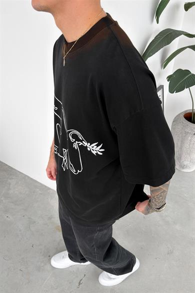 Siyah Yıkamalı Baskılı Premium Oversize Tişört