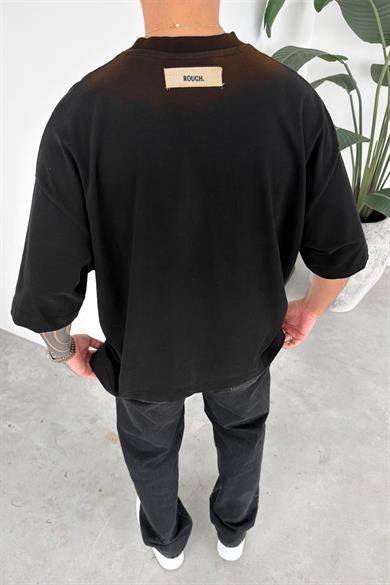 Siyah Yıkamalı Baskılı Premium Oversize Tişört