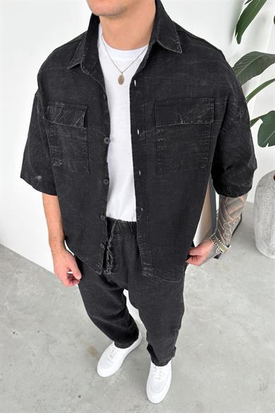 Siyah Yıkamalı Ön Cep Detaylı Relaxed Gömlek