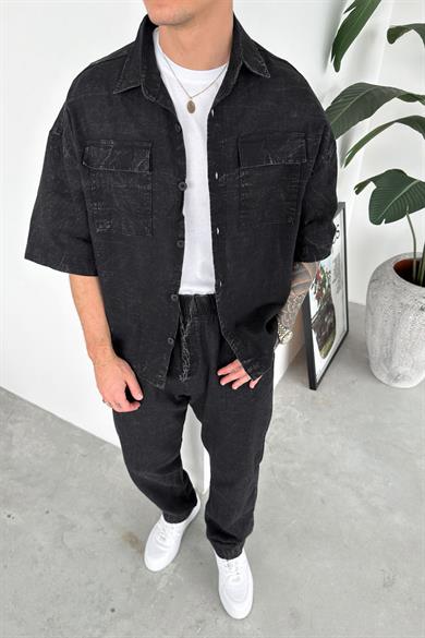 Siyah Yıkamalı Ön Cep Detaylı Relaxed Gömlek