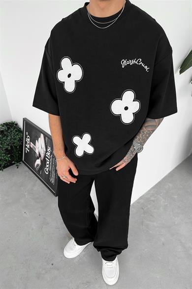 Siyah Yonca Nakış Oversize Tişört