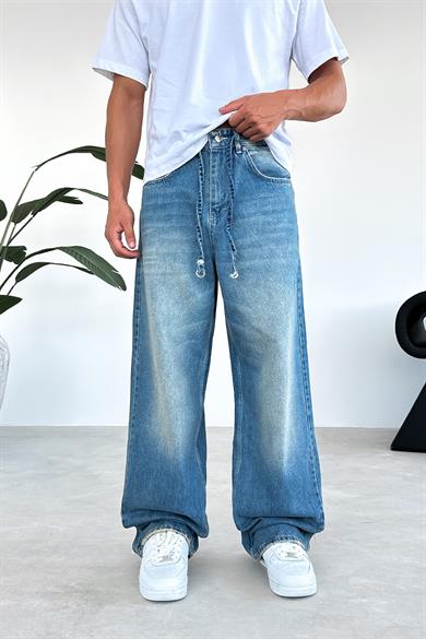 Soft Degrade Mavi Kemerli Basic Ekstra Bol Baggy Pantolon