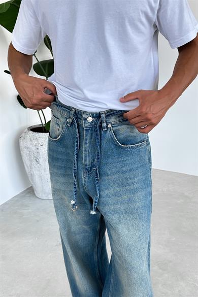 Soft Degrade Mavi Kemerli Basic Ekstra Bol Baggy Pantolon