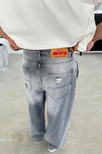 Soft Gri Dizi Yırtık Ekstra Bol Baggy Pantolon