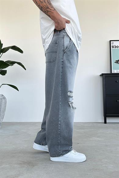 Soft Gri Dizi Yırtık Ekstra Bol Baggy Pantolon
