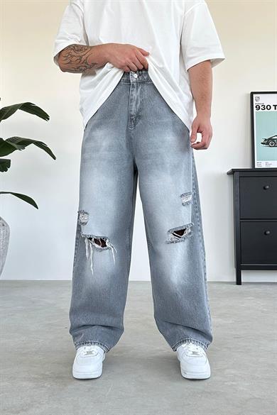 Soft Gri Dizi Yırtık Ekstra Bol Baggy Pantolon