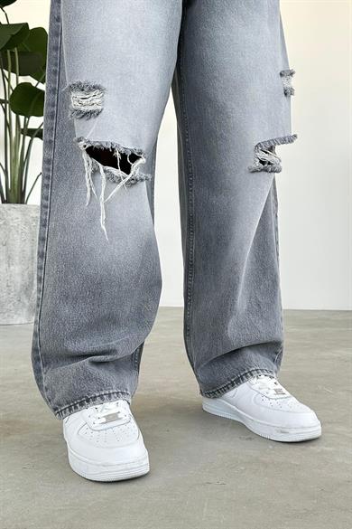 Soft Gri Dizi Yırtık Ekstra Bol Baggy Pantolon