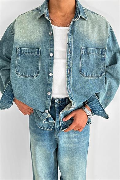 Soft Mavi Çift Cep Detay Oversize Kot Ceket
