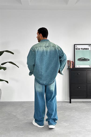 Soft Mavi Çift Cep Detay Oversize Kot Ceket