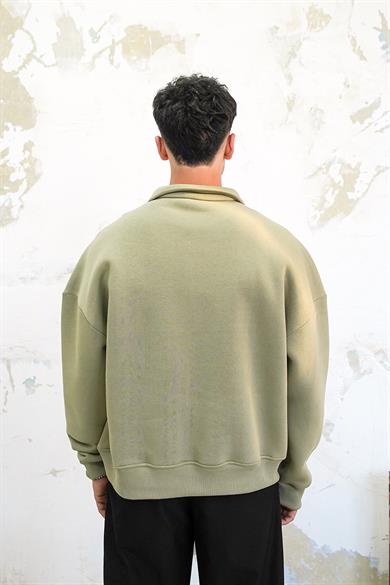 Soft Yeşil Cozy Basic Oversize Polo Yaka Sweatshirt