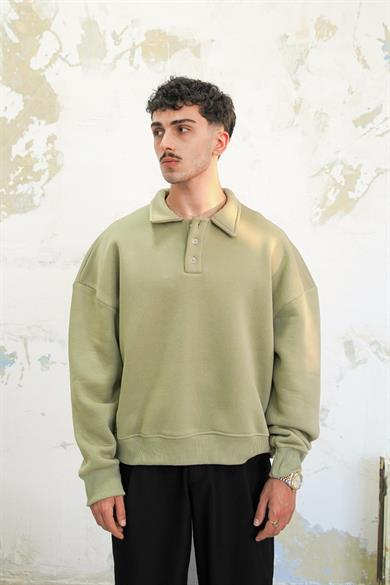 Soft Yeşil Cozy Basic Oversize Polo Yaka Sweatshirt