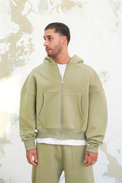Soft Yeşil Cozy Basic Tam Fermuar Oversize Sweatshirt