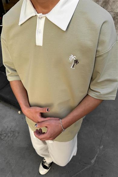 Su Yeşili Palmiye Polo Yaka OUTPLENTY PREMİUM Oversize Tişört