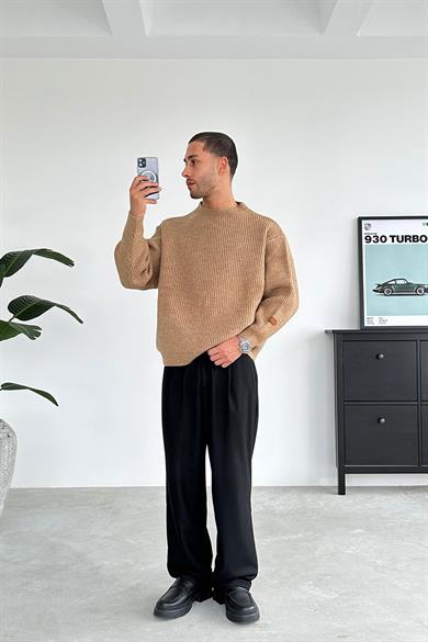 Taba Bisiklet Yaka Oversize Triko Kazak
