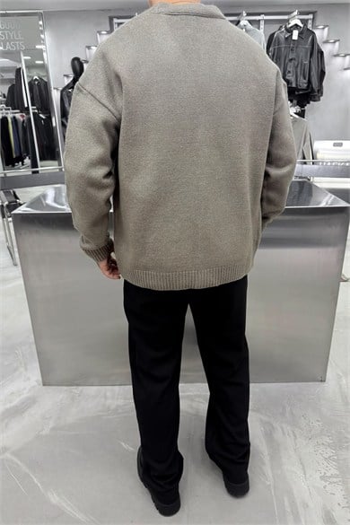 Taba Düğmeli V Yaka Oversize Triko Hırka