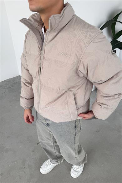 Taş Etnik Kabartma Detay Oversize Puffer Mont