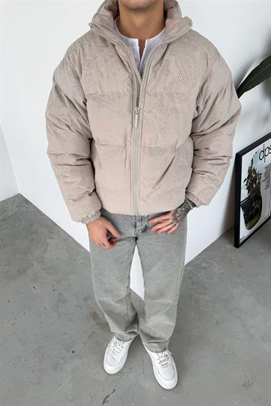 Taş Etnik Kabartma Detay Oversize Puffer Mont