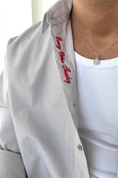 Taş İnce Çizgili Yaka Nakış Detay Oversize Gömlek
