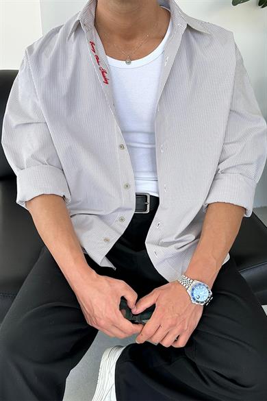 Taş İnce Çizgili Yaka Nakış Detay Oversize Gömlek