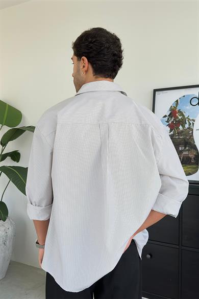 Taş İnce Çizgili Yaka Nakış Detay Oversize Gömlek