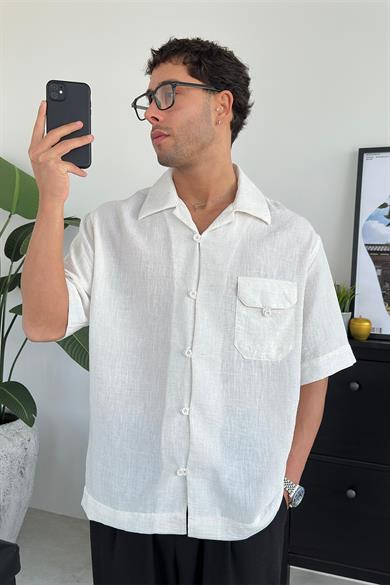 Taş Keten Düğme Detay Kısa Kollu Oversize Gömlek