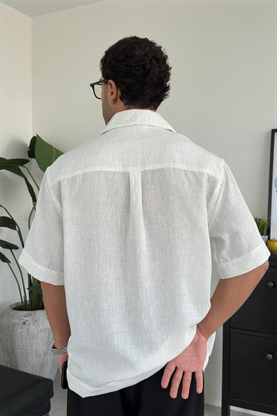 Taş Keten Düğme Detay Kısa Kollu Oversize Gömlek