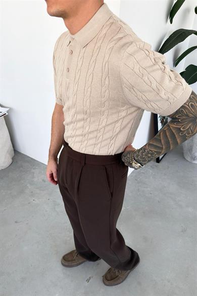 Taş Örgü Desen Relaxed Triko Polo Yaka Tişört