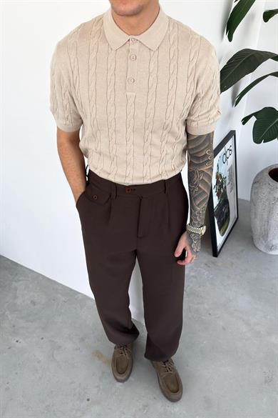 Taş Örgü Desen Relaxed Triko Polo Yaka Tişört