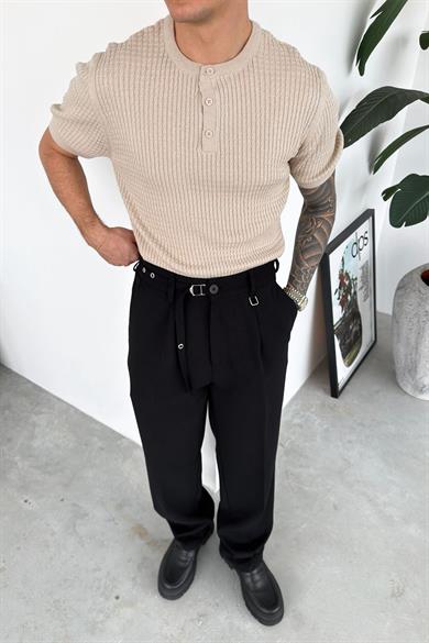 Taş Örme Desenli Düğmeli Yaka Relaxed Tişört