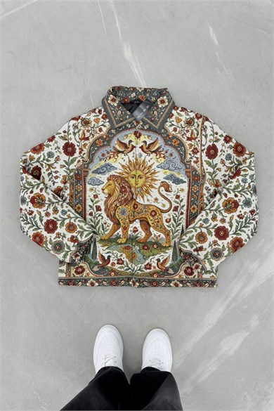 Vintage Celestial Lion Premium Dokulu Tasarım Astarlı Mont
