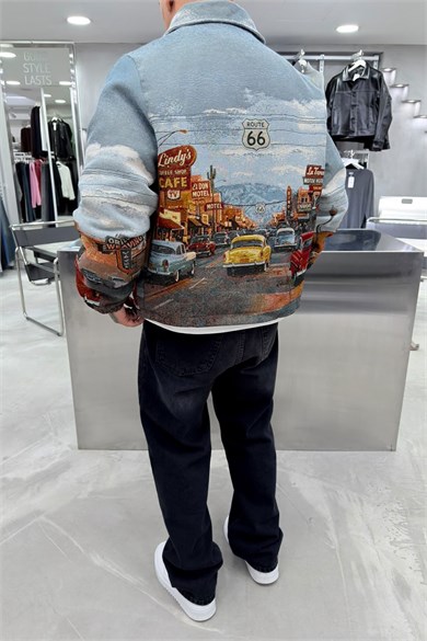 Vintage Classic Car Print Premium Dokulu Tasarım Astarlı Mont