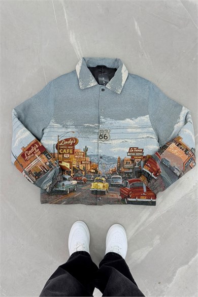 Vintage Classic Car Print Premium Dokulu Tasarım Astarlı Mont