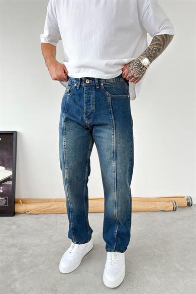 Vintage Mavi Ön Tasarım Çımalı Baggy Pantolon