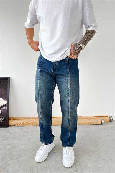 Vintage Mavi Ön Tasarım Çımalı Baggy Pantolon