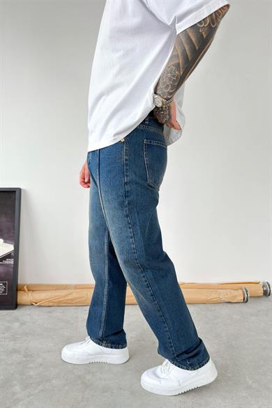 Vintage Mavi Ön Tasarım Çımalı Baggy Pantolon