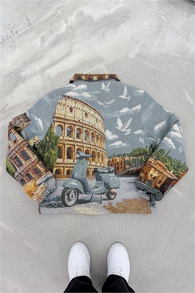 Vintage Retro Print Premium Dokulu Tasarım Astarlı Mont