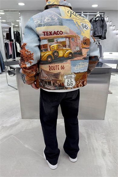 Vintage Route 66 Premium Dokulu Tasarım Astarlı Mont