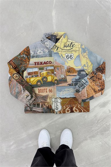 Vintage Route 66 Premium Dokulu Tasarım Astarlı Mont