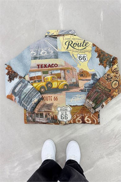 Vintage Route 66 Premium Dokulu Tasarım Astarlı Mont
