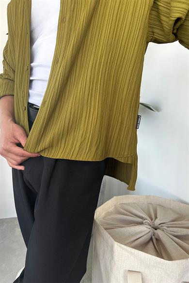 Vintage Yeşil Krinkıl Vintage Yırtmaçlı Cropped Gömlek