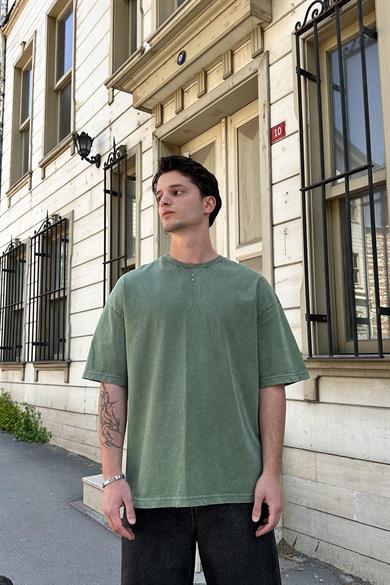 Yeşil Acid Wash Basic 1Z EE Oversize Tişört